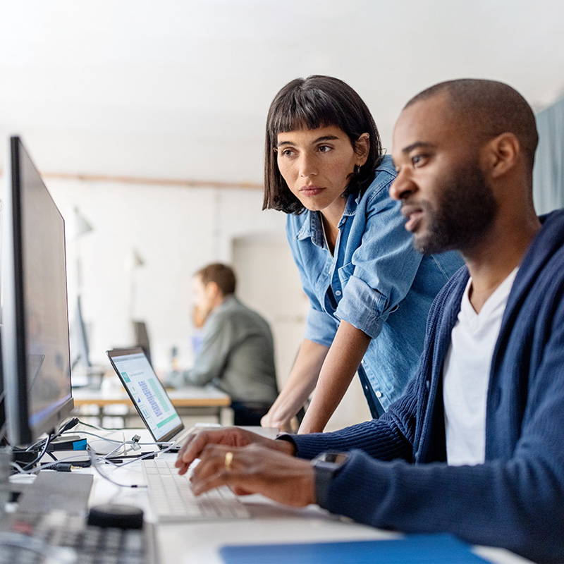 2 people looking at computer monitor