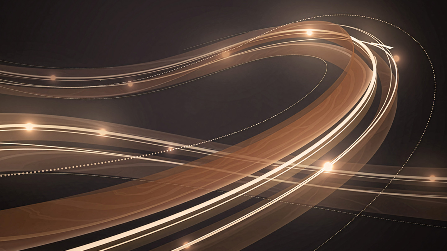 Abstract image of glowing gold and white light trails sweeping in a curved arc across a dark background, with small bright points suggesting motion and speed.