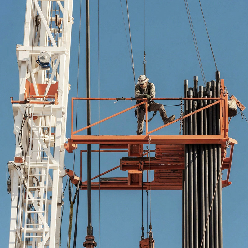 Worker on an elevated orange platform of a drilling rig, with bundled black pipes beside them against a clear blue sky