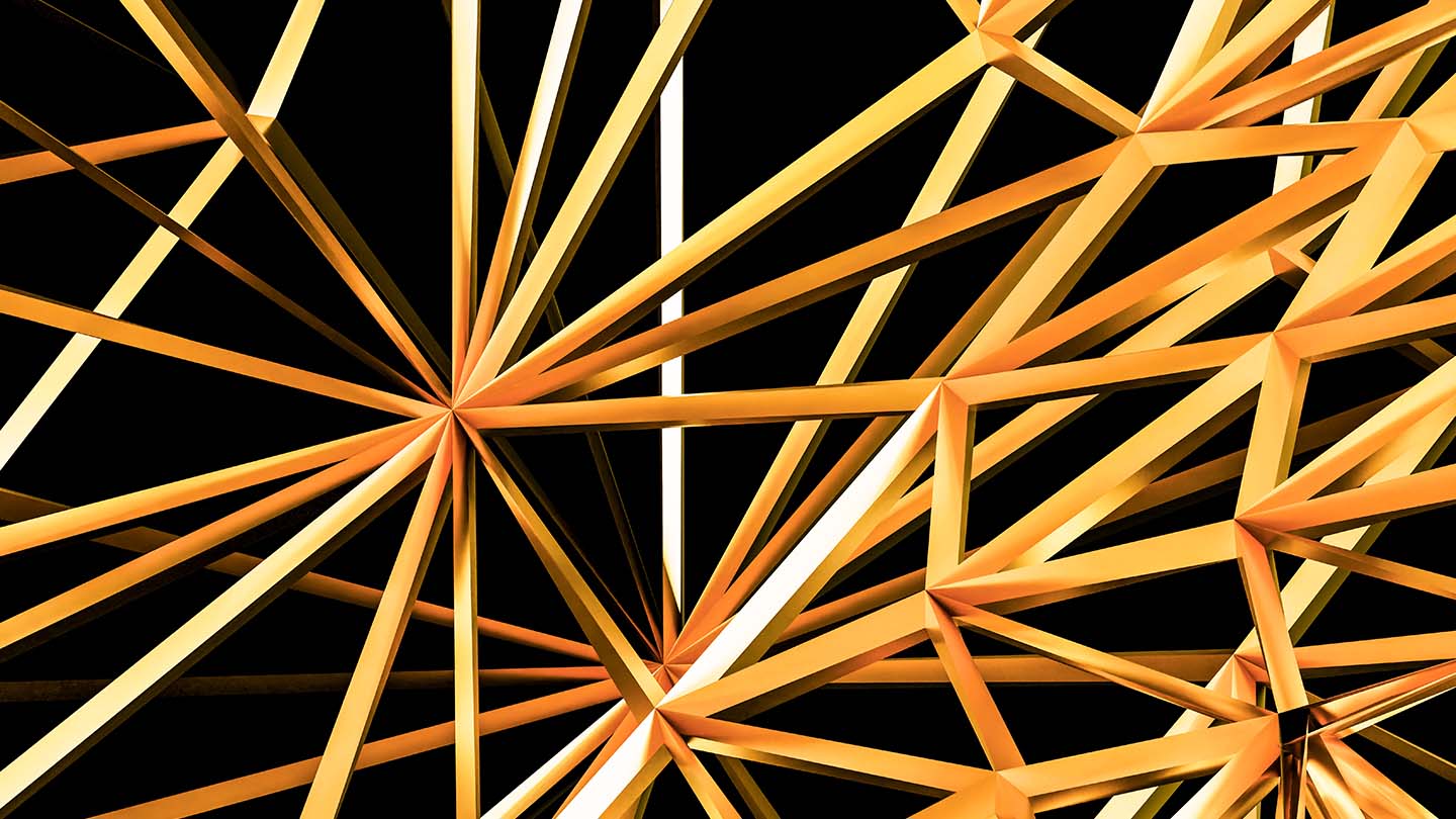 Abstract golden geometric beams intersecting in a lattice against a black background.