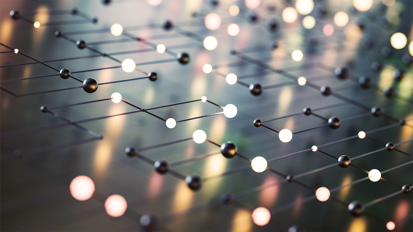 Abstract network of glowing and dark spheres connected by lines, representing data or connections.