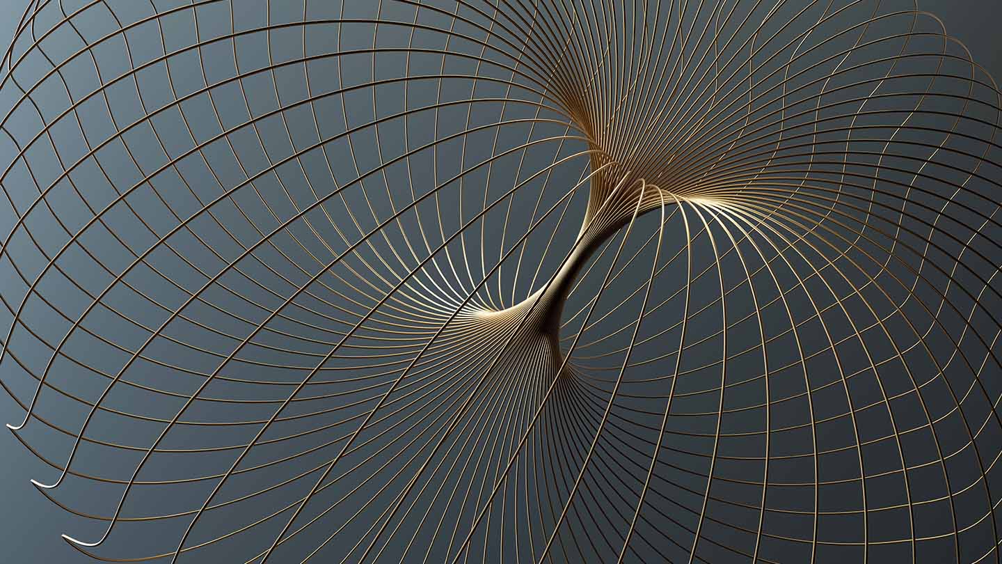 Abstract gold wireframe curves forming an intricate pattern on a dark background.