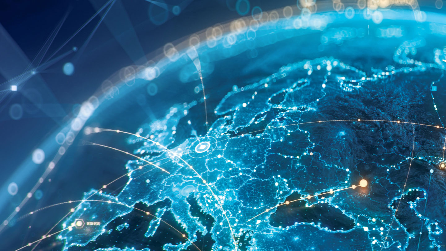 Stylized, blue-toned digital globe centered on Europe with glowing network nodes and connecting lines, suggesting data connectivity across the region.