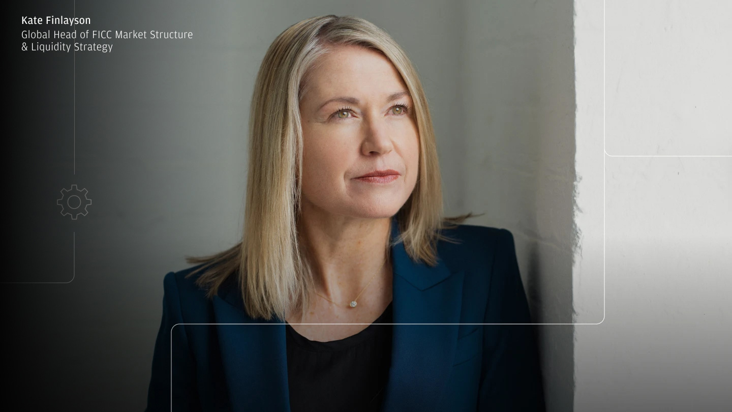 Portrait of a woman in a blazer looking to the side, with an on-screen name/title caption and subtle interface-style graphics.