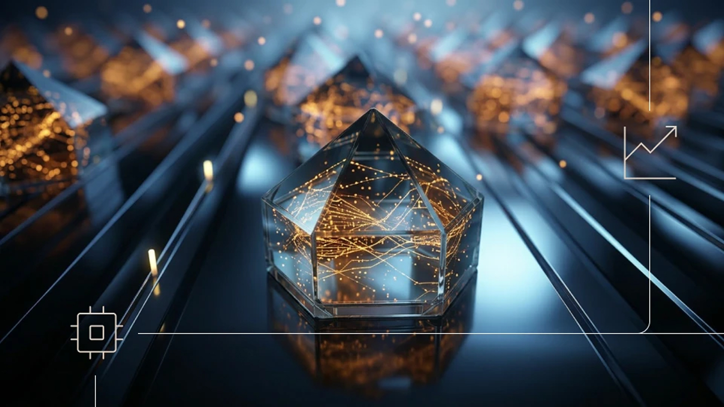 Abstract tech image of a glass geometric shape filled with glowing network lines on a dark reflective surface, with subtle interface-style icons and frame lines.