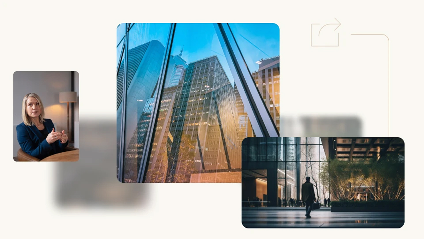 Collage-style image combining a small portrait of a woman speaking, a central view of city skyscrapers seen through glass, and a smaller scene of a person walking through a modern plaza.