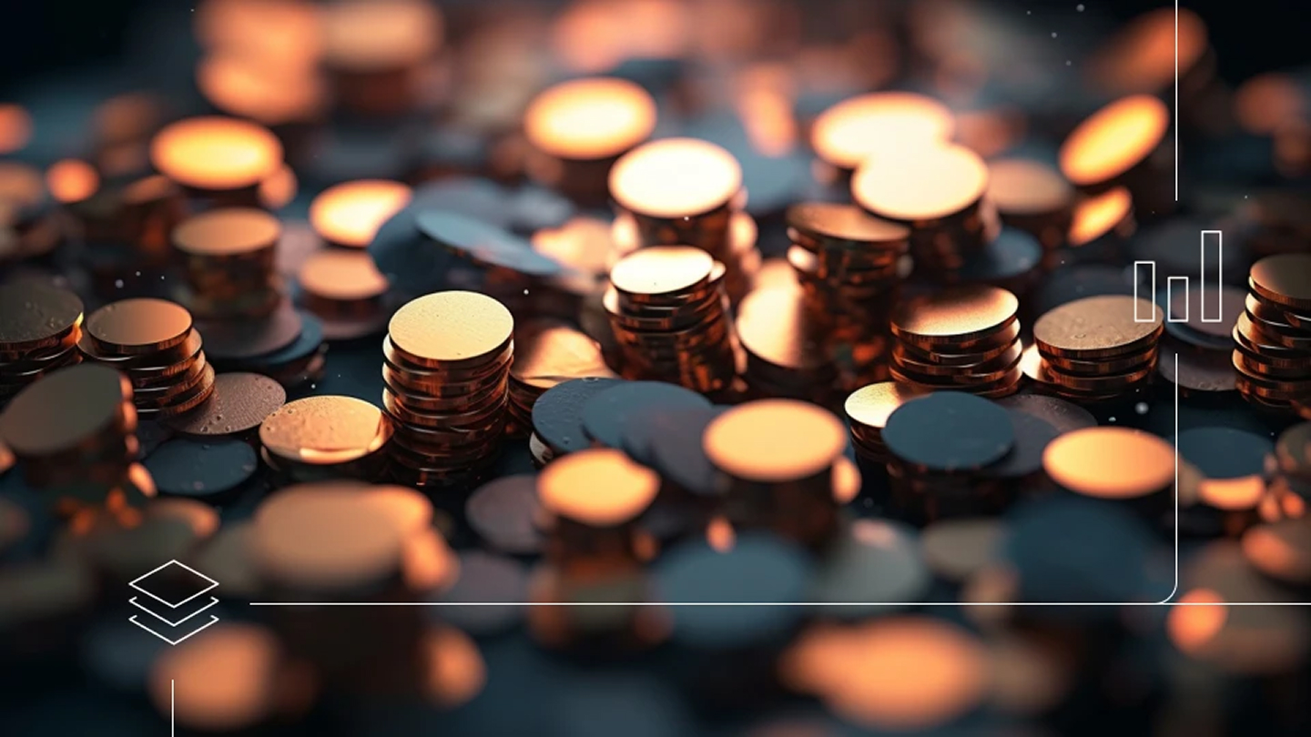  Close-up of stacked metallic coins in warm lighting, with subtle interface-style overlay lines and small chart icons.