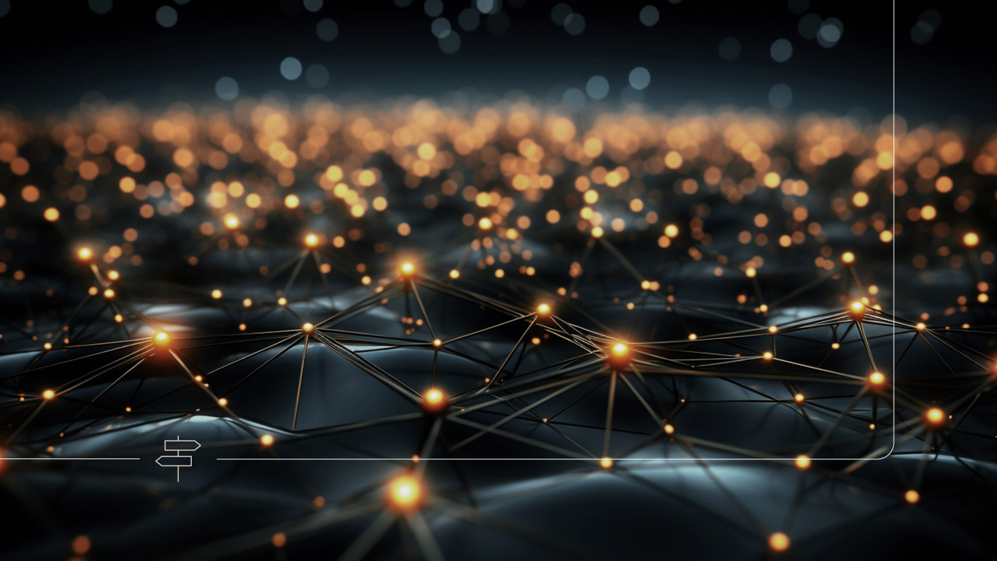  Abstract background image showing a dark, out-of-focus field of glowing orange and blue lights connected by thin lines, resembling a digital network or data connections.