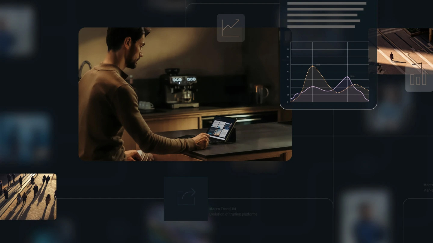 Person sitting at a kitchen counter using a tablet, with translucent overlay panels showing a line chart and interface icons on a dark, collage-like background.