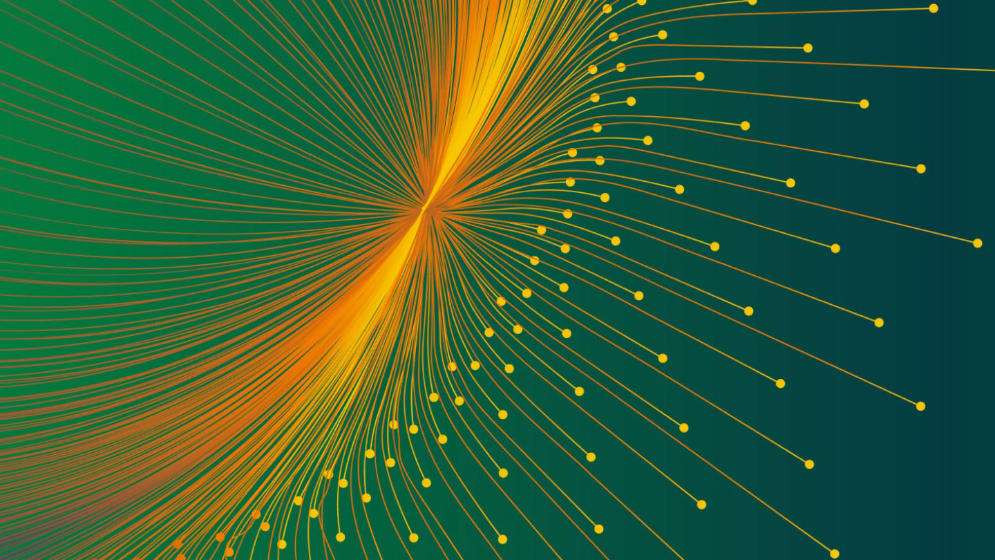 Abstract green background with sweeping yellow-orange lines radiating from a central point, dotted at the ends. 